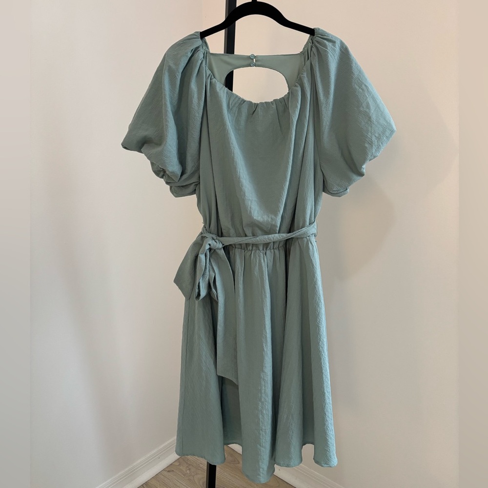 Lush Seafoam Blue Puff-Sleeve Belted Midi Dress